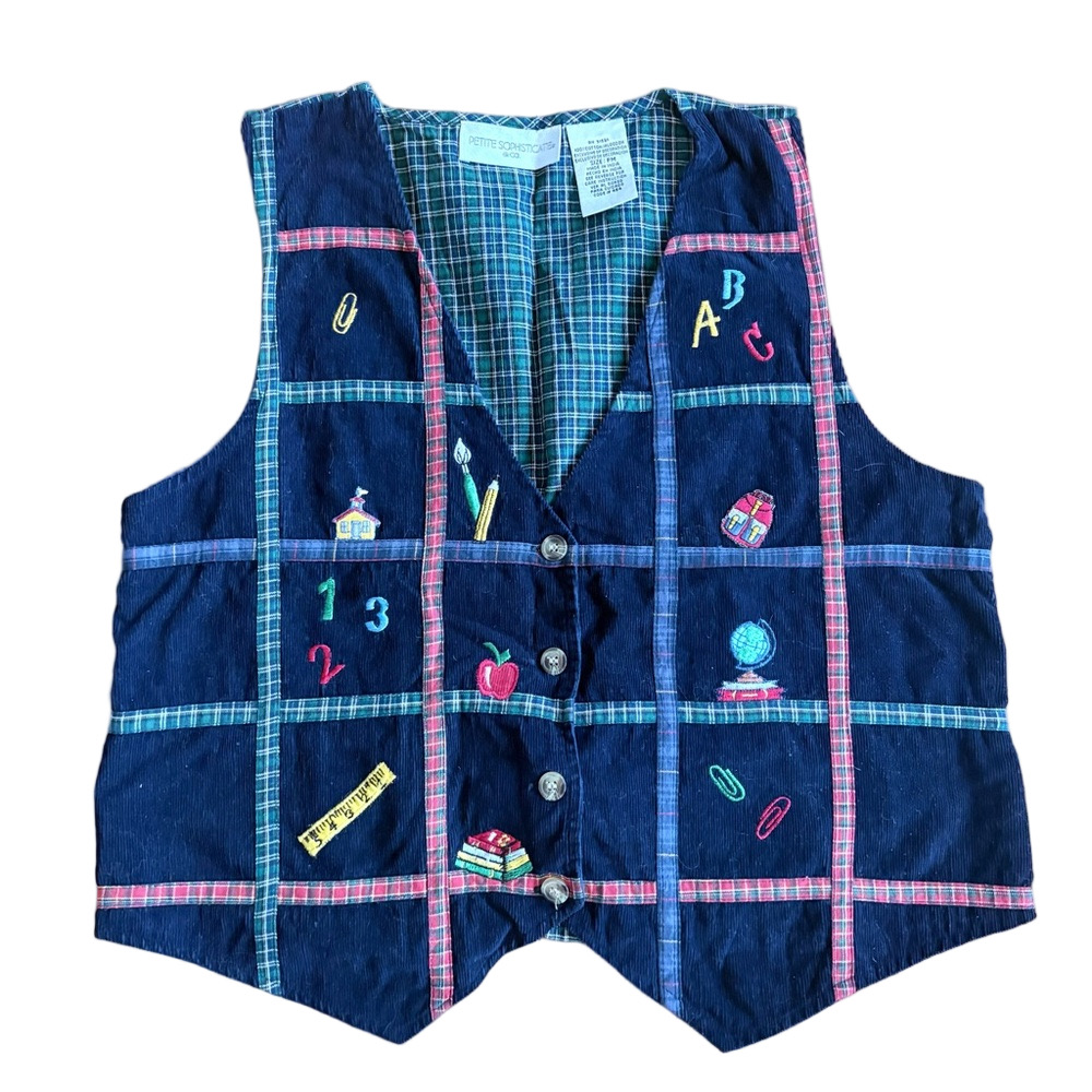 Vintage Petite Sophisticate Embroidered School Teacher Kitschy Vest Size PM